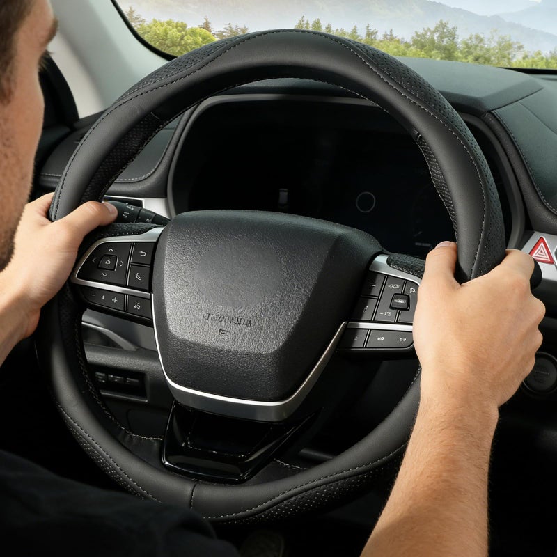 KAFEEK Steering Wheel Cover, Universal 15 inch, Microfiber Leather, Anti-Slip, Odorless, Black Lines - Image 3